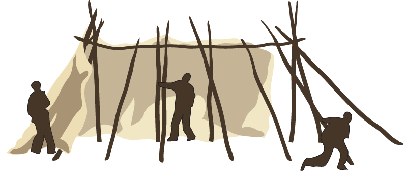 Illustration du montage du campement, logo du Mushuau-nipi