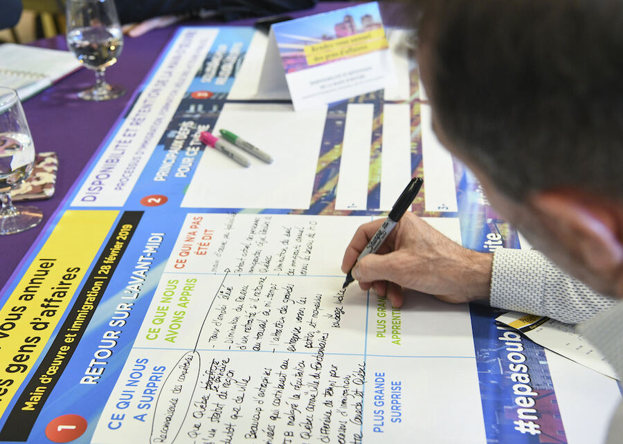 Participant recording his table’s ideas on a workshop canvas